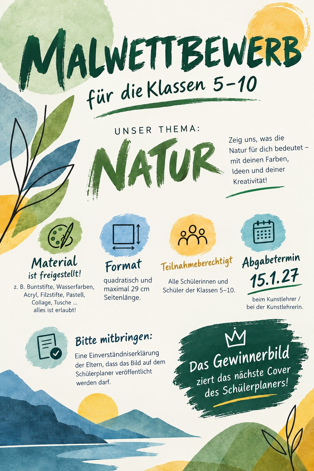Plakat zum Malwettbewerb für die Klassen 5–10, erstellt mit Unterstützung von KI. Thema: Natur. Material ist freigestellt, z. B. Buntstifte, Wasserfarben, Acryl, Filzstifte, Pastell, Collage, Tusche. Format quadratisch, höchstens 29 cm Seitenlänge. Teilnehmen dürfen alle Schülerinnen und Schüler der Klassen 5–10. Abgabetermin 15.1.27 beim Kunstlehrer oder bei der Kunstlehrerin. Bitte mitbringen: Einverständniserklärung der Eltern, dass das Bild auf dem Schülerplaner veröffentlicht werden darf. Das Gewinnerbild ziert das nächste Cover des Schülerplaners.