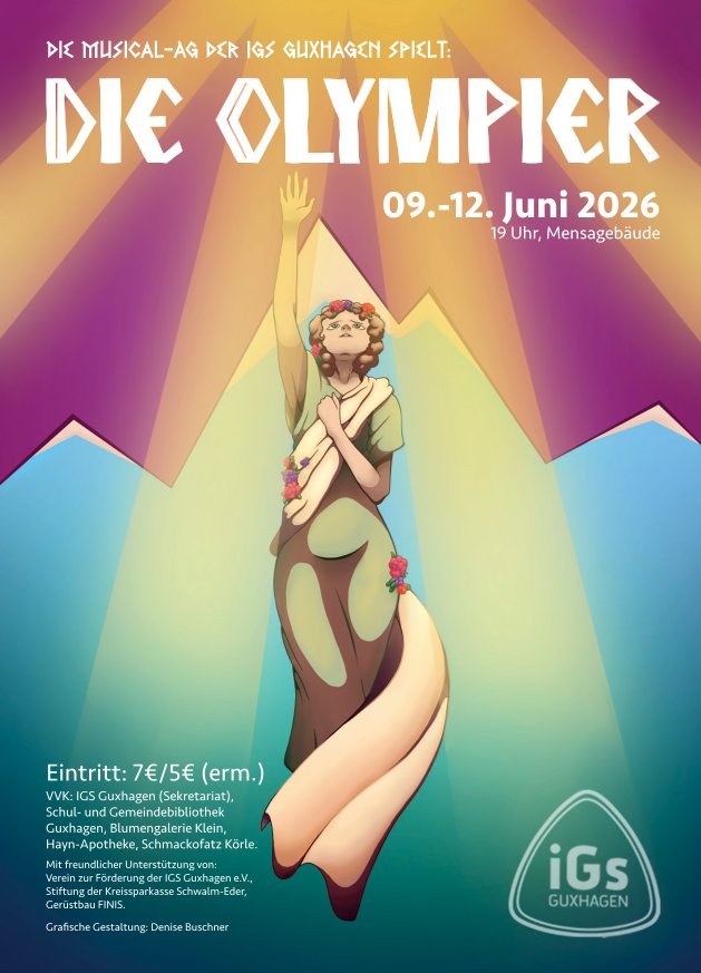 Plakat zum Musical Die Olympier: eine Göttin mit Blumenkranz vor Lichtstrahlen, 9. bis 12. Juni 2026, 19 Uhr, Mensagebäude
