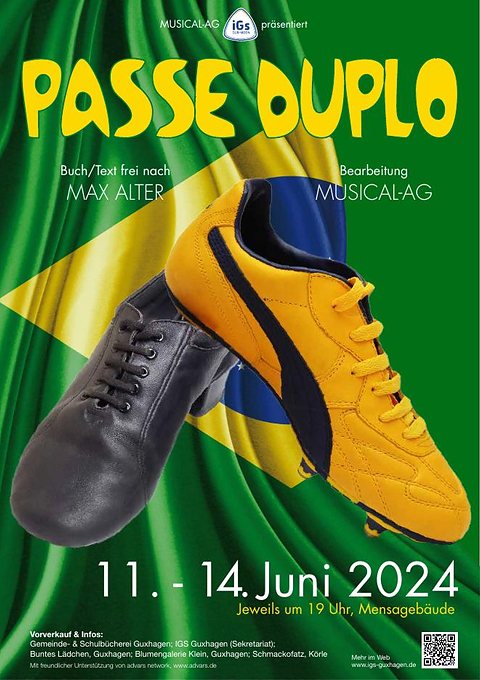 Plakat Passe Duplo, 11. bis 14. Juni 2024, mit Fußballschuhen vor brasilianischer Flagge